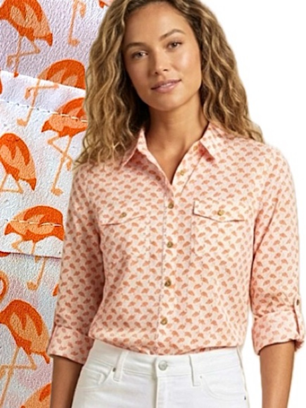 Jones New York Flamingo Bird Print Shirt Womens Petite Size Small Long Sleeve